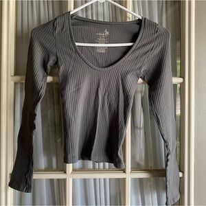 Free People Intimately Lucky You Charcoal Ribbed Long Sleeve Top